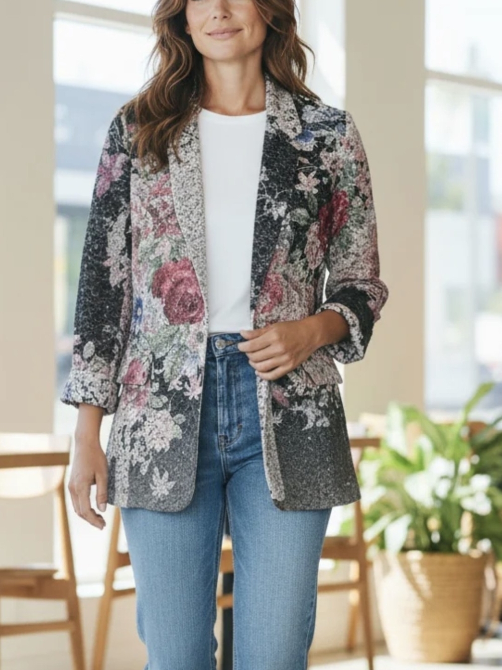Floral Knit Open-Front Blazer Jacket - Gray with Pink Floral
